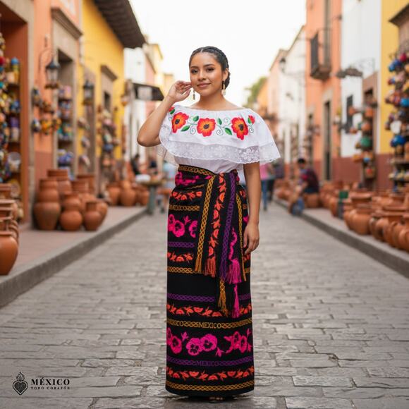 Traditional Mexican Floral Cambaya Dress Set – Handmade Three-Pieces - Picture 3 of 8